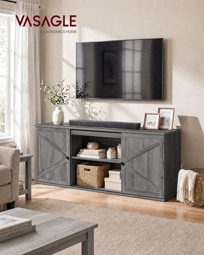 VASAGLE Farmhouse TV Stand for TVs up to 65 Inches, Entertainment Center with Storage Cabinets and Sliding Barn Doors, Media Console Table for Living Room, Grey ULTV535G101 - color: Grey, size: 58"L, style: TV Stand