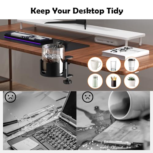 Large Desk Cup Holder Clamp, Anti-Spill Cup Holder for Desk, 3.7" Holder, Easy to Install Clamp on Cup Holder, Desk Cup Holder Compatible with Universal Cup & Pen Holder (1, Black)