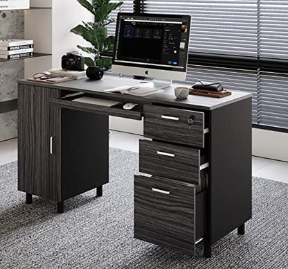 Modern Design Venice Computer Desk with Lockable Drawers, 53 Inch Home Office Desk with Storage Cabinet, Keyboard Tray & Cable Management, Modern Study Writing Desk for Small Spaces, Black and Grey - color: Black Grey
