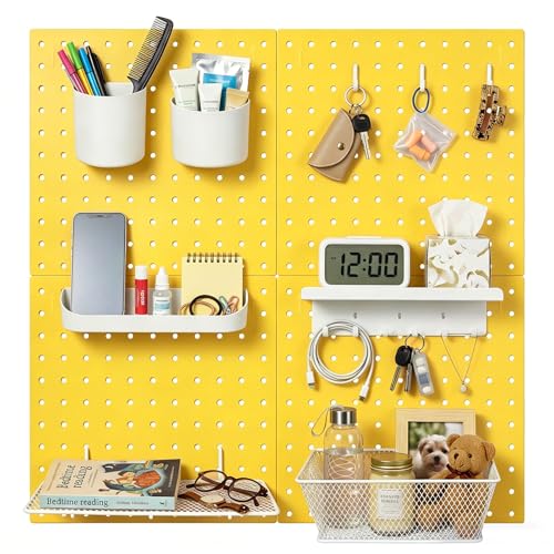 Pegboard Wall Organizer, 4 x11” x 11” ABS Peg Board Wall Organizer with Hooks, Shelves & Baskets, Drill or Adhesive Mount, 110 lbs Heavy Duty Wall Storage for Kitchen, Garage, Bathroom (Yellow) - color: Yellow