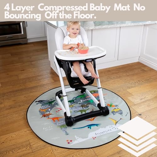 Splat Mat for Baby – Under High Chair Floor Mat Protects Wood, Vinyl and Carpet from Spills – Waterproof 4 Layer Baby Mat with Anti-Skid Backing Deters Bunching and Sliding (51” x 51”) - color: Dinos World Map