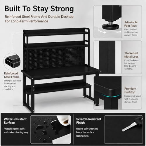 47 Inch Gaming Desk with 1 Power Outlet, 2 USB & LED Lights, Computer Desk with Hutch, Pegboard, Home Office Desk with Shelves for Bedroom, Study (Black,47inch) - color: Black, size: 47inch