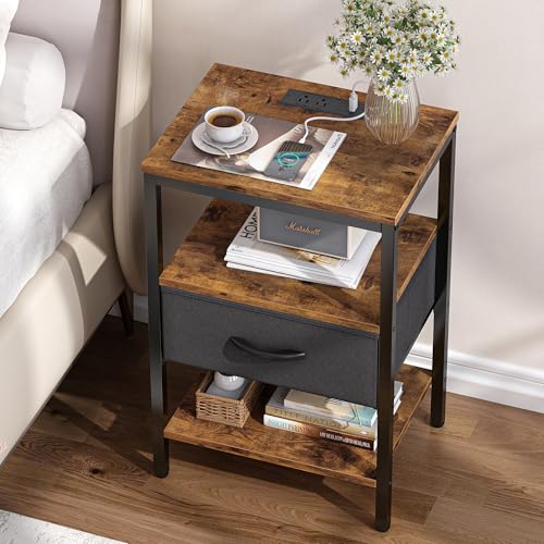 SUPERJARE Nightstand with Charging Station, Bed Side Table with Adjustable Fabric Drawer, Night Stand for Bedroom, 3-Tier Storage End Table, for Living Room, Rustic Brown and Black - color: Rustic Brown and Black, size: M (11.8"D x 15.7"W x 23.4"H)