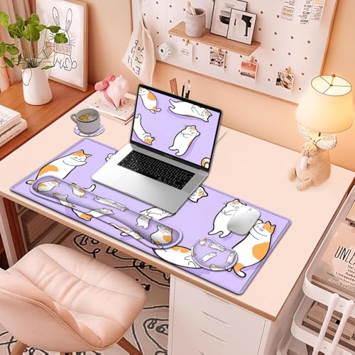 Large Mouse Pad + Keyboard Wrist Rest Set, Extended Gaming Mousepad (31.5X11.8 inch) with Non-Slip Rubber, Ergonomics Memory Foam Mouse Wrist Rest Support, Cute Cats Pattern Purple XXL Desk Pad - color: Yu-Mouse Pad-3-B42