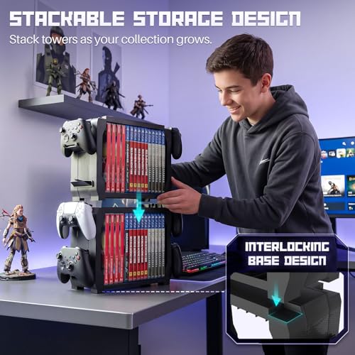 TNP Games Storage Tower (Up to 15 CD Disc) For PS5 Game Disk Rack and Controller Stand Holder For Xbox Series X/Nintendo Switch/PS4 Controller Stand Holder Can hold up to 4 controller