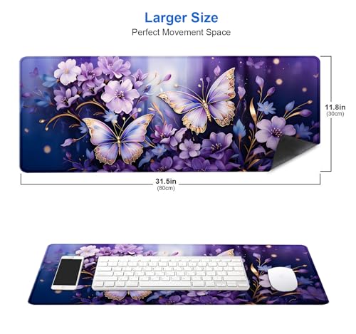 IMAYONDIA Gold Butterfly Desk Pad, Purple Flowers Large Mousepad, Floral Desk Mat, Modern Beutiful Extended Mouse Pads for Laptop, Computer Pad for Women Girls Office, 31.5x11.8 in - color: Purple Butterfly