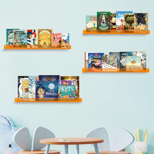 Dezzer 6 Pack Acrylic Shelves for Wall, 15" Acrylic Floating Shelves for Bathroom Bedroom, Invisible Bookshelf Wall Ledge Storage Shelf Books Perfume Toys Action Figure Display Shelves, Clear Orange - style: 15 inch 6-pack Orange