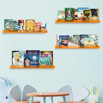 Dezzer 6 Pack Acrylic Shelves for Wall, 15" Acrylic Floating Shelves for Bathroom Bedroom, Invisible Bookshelf Wall Ledge Storage Shelf Books Perfume Toys Action Figure Display Shelves, Clear Orange - style: 15 inch 6-pack Orange