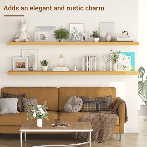 55 Inch Floating Shelves, 12 Inch Deep Floating Shelves for Wall, Extra Deeper & Thicker Wooden Wall Shelf with Invisible Brackets, Shelf for Bedroom Living Room Home Decor（Oak, Set of 2） - color: Oak, size: 55"W x 12"D x 2"H, Set of 2