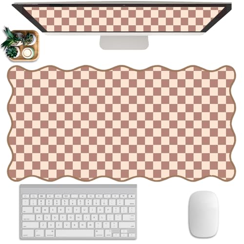 Scalloped Desk Mat Extended Large Cute Mouse Pad Big Desk Pad XXL Aesthetic Kawaii Plaid Mousepad Checkered Mouse Pad for Keyboard Computer Laptop Home Office Accessories Girl 31.5X15.7Inch Brown - color: Brown, size: 31.5" x 15.7"