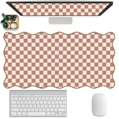 Scalloped Desk Mat Extended Large Cute Mouse Pad Big Desk Pad XXL Aesthetic Plaid Mousepad Checkered Gaming Mouse Pad for Computer Keyboard and Mouse Laptop Home Office 35.4X15.7Inches Brown Khaki - color: Brown, size: 35.4" x 15.7"