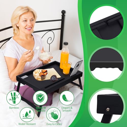 Bed Tray Table with Handles Folding Legs,Bamboo Breakfast Food Tray with Media Slot,Use As Platter,Laptop Desk,Snack,TV Tray Kitchen Serving Tray Black Large - color: Black, size: Large