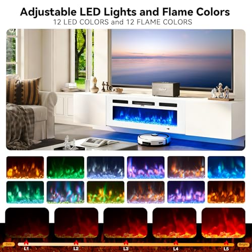70'' Floating TV Stand with 36" Electric Fireplace, Wall Mounted Entertainment Center with Storage for TVs up to 80", Adjustable 12-Color LED Lights Media TV Console for Living Room,All White - color: All White, size: 70 IN