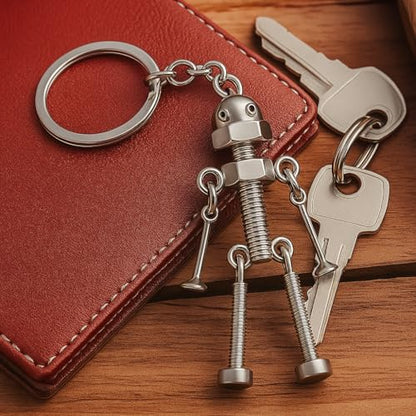 Robot Keychain – Miniature Screw Robot Figurine Key Ring for Men & Women, Unique Industrial Style Key Holder, Cool Bag Charm Accessory