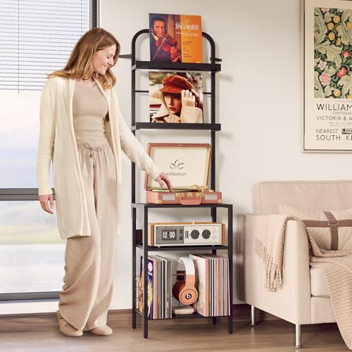 Homsorout Record Player Stand with Vinyl Storage - 5-Tier Turntable Table with Adjustable Feet, Metal & Wood Cabinet - Console Organizer Display Shelf for Living Room, Apartment - style: Black Without Socket