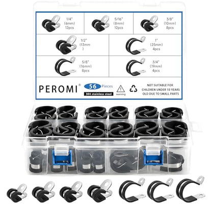 Cable Clamps Assortment Kit, 56PCS, 7 Sizes (1/4"-1") | 304 Stainless Steel, Rubber Cushioned Insulated, P Clamps, Pipe & Wire Loom Clips - size: 7 Sizes(6mm-25.4mm) 56pcs