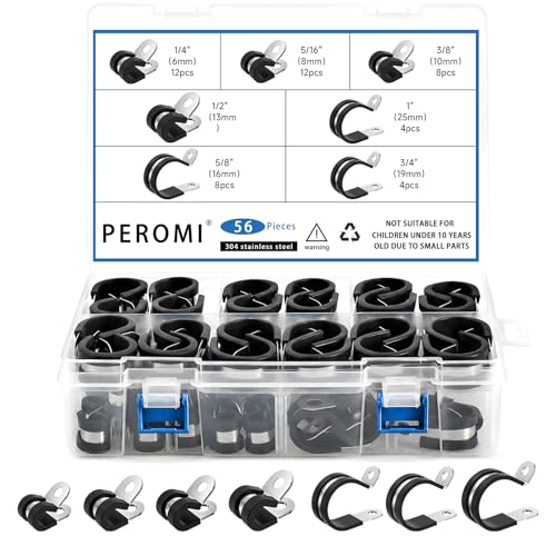 Cable Clamps Assortment Kit, 56PCS, 7 Sizes (1/4"-1") | 304 Stainless Steel, Rubber Cushioned Insulated, P Clamps, Pipe & Wire Loom Clips - size: 7 Sizes(6mm-25.4mm) 56pcs