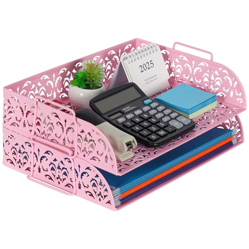 EasyPAG Paper Organizer for Desk 2 Tier Stackable Paper Tray for A4 Legal Size Folders Metal File Storage Desktop Organizer for Home Office School Teacher, Pink - color: Pink