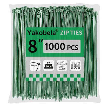 Green Zip Ties 8", 1000 Pack, Cable Ties UV Resistant, Wire Ties 40 lbs Tensile Strength for Garden, Plants, Fence, Holiday Lights, Yakobela - size: 8" (1000 pack)