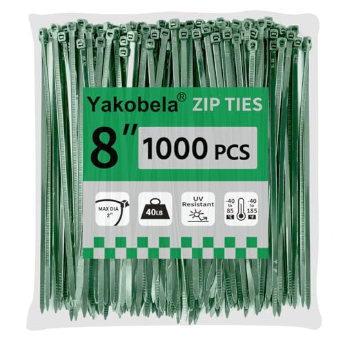 Green Zip Ties 8", 1000 Pack, Cable Ties UV Resistant, Wire Ties 40 lbs Tensile Strength for Garden, Plants, Fence, Holiday Lights, Yakobela - size: 8" (1000 pack)