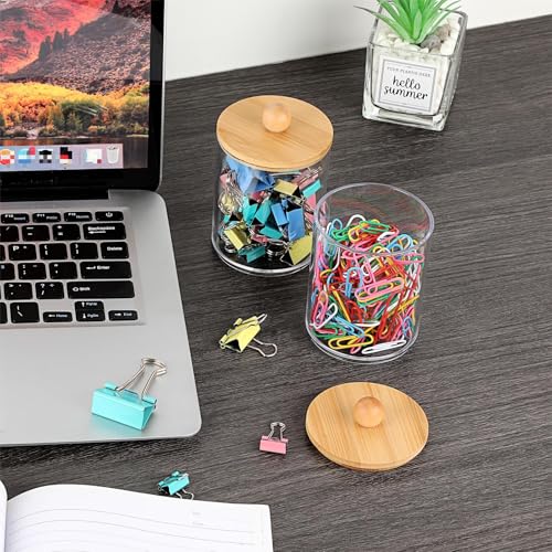 BTSKY 4 Pack PaperClip Holders with Bamboo Lid, Round Binder Holder for Desk, Clear Paper Clip Dispenser Small Office Supply Accessory Organizer Qtip Holder for Office Bathroom Vanity, Clear
