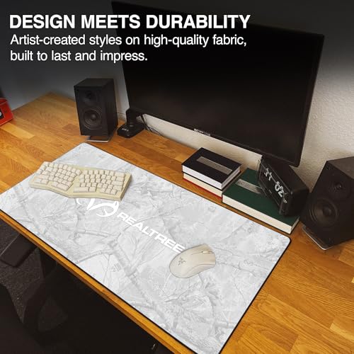 MPCO. Real Tree Large Gaming Desk Pad - 36" x 17" Aeroglyde Fabric Edge Snow White – with Logo Desk Mats - Non-Slip, Washable, Smooth Glide for Precision Gaming & Work - color: Aeroglyde Edge Snow White – With Logo