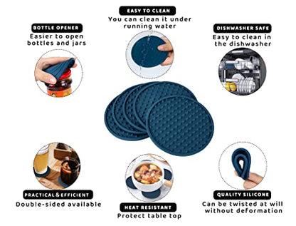 Coasters for Drinks 6 Pcs Drink Coaster with Holder,Heat Resistant Silicone Cup Mat Tabletop Protection,Non-Slip Rubber Coasters for Kinds of Cups (Blue) - color: Blue-plastic Holder