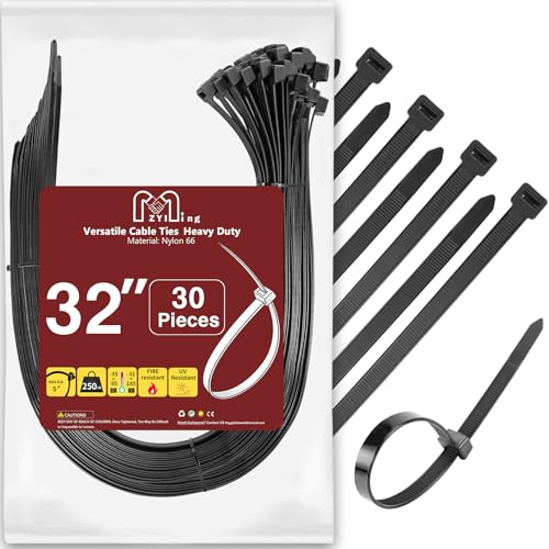 Zip Ties Heavy Duty 250 lb 32 Inch, Extra Long Cable Ties Wide Plastic Wire Tie Wraps Strong Ties Industrial Zipties Outdoor Use Black 30 Pieces