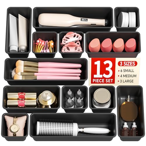 Canfanni 13 Pack Plastic Drawer Organizers Set, 3 Sizes Desk Drawer Organizer Trays for Vanity and Makeup Organizer, Organization and Storage for Makeup, Kitchen Utensils, Bathroom and Office(Black) - color: Black