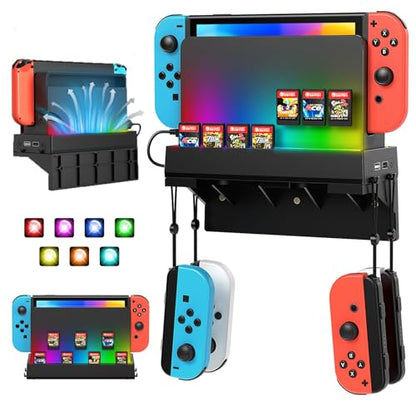 YUANHOT RGB Wall Mount for Nintendo Switch/OLED with Light & Storage(Black) | 7 RGB Light Modes, Game Card Slots, Controller Wall Holder, USB 3.0 Charge Port - size: Black