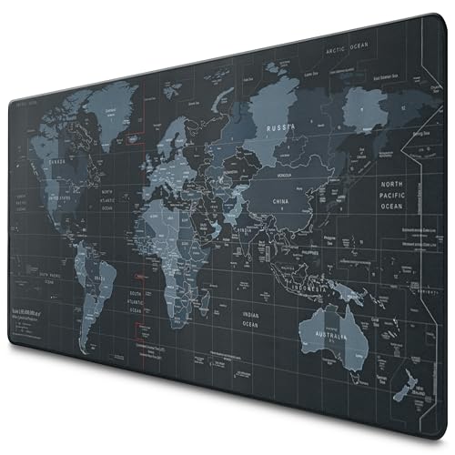 Wide Desk Coverage Full World Map Mouse Pad XL - 35x15.7 World Map Desk Mat Large with Geographical Print Layout - Soft and Water-Resistant Surface, Non-Slip Bottom, Suitable for Games and Work