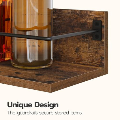 HOOBRO Wall Mounted Wine Rack 3 Pack, Wine Shelf Hanging Floating Wall Shelves, Wine Glass Bottle Rack Stemware Holder, for Living Room, Dining Room, Kitchen, Rustic Brown and Black BF33BJ01