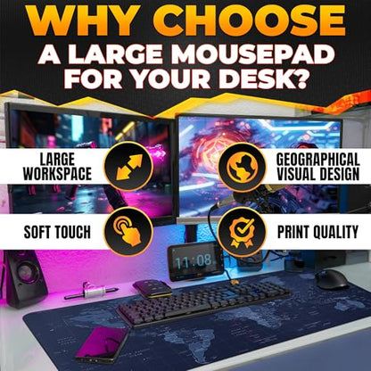 Wide Desk Coverage Full World Map Mouse Pad XL - 35x15.7 World Map Desk Mat Large with Geographical Print Layout - Soft and Water-Resistant Surface, Non-Slip Bottom, Suitable for Games and Work