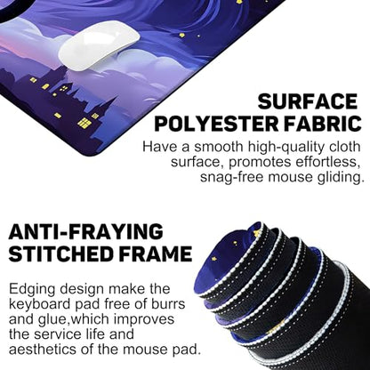 Black Cat Under Purple Starry Night Gaming Mouse Pad Large Desk Mat Extended Keyboard Anime Mousepad with Non-Slip Base and Stitched Edge for Desk Home Office Gaming,31.5 x 11.8 Inch - color: Black Cat under Purple Starry Night, size: 11.8*31.5inch
