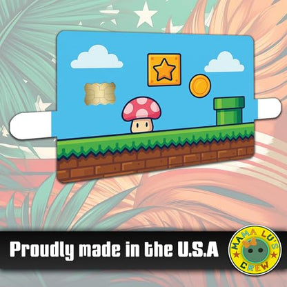 Retro Platformer World – Credit Card Skin Sticker Cover Decal Wrap 2-Pack – Cute Mushroom, Coin & Star Block Design