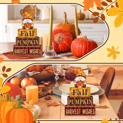 4 Pcs Fall Decorations for Home Thanksgiving Gnome Tiered Tray Decor, Fall Table Decor Farmhouse Rustic Wooden Gnome Pumpkin Block Sign Autumn Tabletop Centerpieces for Home Kitchen Indoor - style: Gnome