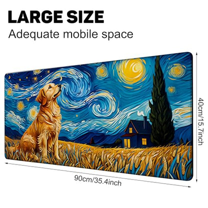 Dog Under Starry Night Gaming Mouse Pad Large Desk Mat Extended Keyboard Anime Mousepad with Non-Slip Base and Stitched Edge for Desk Home Office Gaming,35.4 x 15.7 Inch - color: Dog under Starry Night, size: 15.7*35.4inch