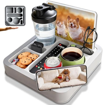 Heavyrain Couch Remote Holder Caddy Cup Holder Tray for Couch and Bed - Spill-Proof Armrest Organizer with Removable Divider, Perfect for Gaming, Movie Night, Remote Control, Snack & Phone Storage