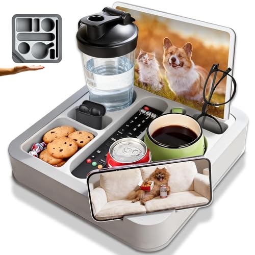 Heavyrain Couch Remote Holder Caddy Cup Holder Tray for Couch and Bed - Spill-Proof Armrest Organizer with Removable Divider, Perfect for Gaming, Movie Night, Remote Control, Snack & Phone Storage