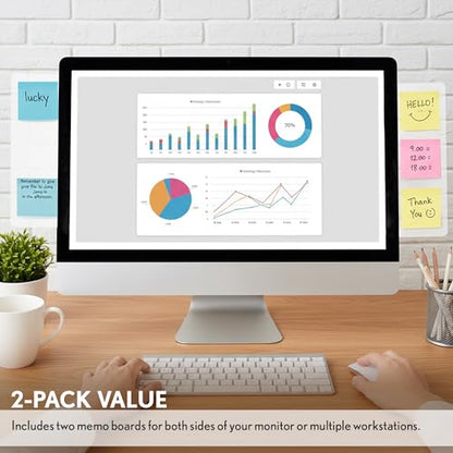 Computer Monitor Memo Board 2 Pack Sticky Note Holder, Semi-Transparent Flexible PVC, Monitor Adhesive Message Boards, Desk Accessories & Workspace Organizers, 12" L x 3" W, Non-Acrylic - size: 2 Pack