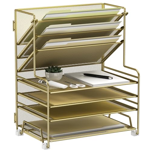 MINDEPOT 4-Tier Paper Organizer + 3-Pocket File Holder + Drawer + Pen Holders, Desktop File Organizers Paper Tray for Office Supplies School Classroom Organization (Gold, no Drawer & Pen Holder) - color: Gold, no Drawer & Pen Holder