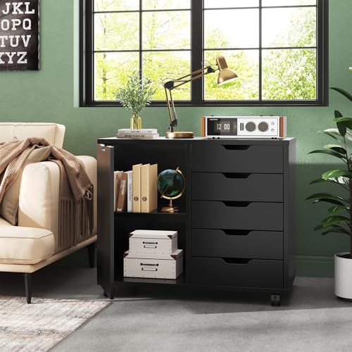 DUMOS 5 Drawer File Cabinet Office Drawers Organizer with Wheels Rolling, Under Desk Cabinets with Shelves and Door Printer Stand with Wood Board Metal Frame for Home Office Storage Craft Room, Black - color: Black, size: 30.7'' × 25.2'' × 15.7''
