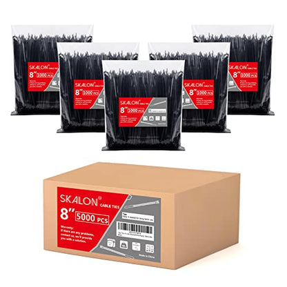 Zip Ties 8 inch (5000 Pack), 40lbs Tensile Strength, Black Cable Ties, Wire Ties for indoor and outdoor use, by Skalon - size: 8" (5000 Pack)