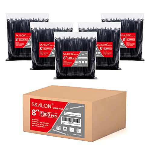 Zip Ties 8 inch (5000 Pack), 40lbs Tensile Strength, Black Cable Ties, Wire Ties for indoor and outdoor use, by Skalon - size: 8" (5000 Pack)