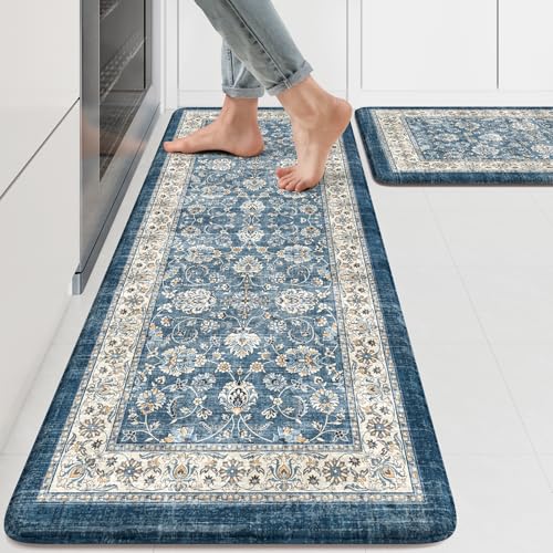 KIMODE Anti Fatigue Kitchen Mats 17.3" x 47"+17.3" x 29", Boho Blue Kitchen Rugs Sets of 2, Non Slip Waterproof Kitchen Floor Mats, Vintage Memory Foam Kitchen Mat for Sink, Laundry, Desk - color: Blue, size: 17.3" x 47"+17.3" x 29"--0.47 inches