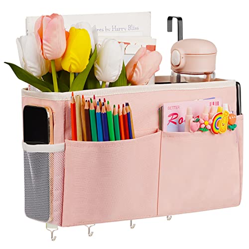 Bedside Storage Organizer 5 Pockets with 4 Hooks Hanging Storage Bag for Headboards/Bunk Bed (Pink) - color: Pink