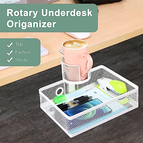 ROSYLINE 360°rotation under desk drawer, Drawer Under Desk Storage Organizer, Rotary Desk Storage Organizer with Cup Holder, Under Desk Storage, Clamp Drawer Basket, sturdy and durable (White) - color: White