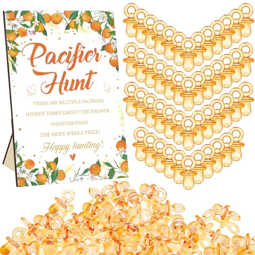 Thyle 51Pcs Little Cutie Pacifier Hunt Baby Shower Games Include Orange Hunt Sign and 50 Acrylic Pacifiers a Little Cutie Is on The Way Theme Baby Shower Game Decoration for Gender Reveal Party Decor - color: Yellow, style: Orange