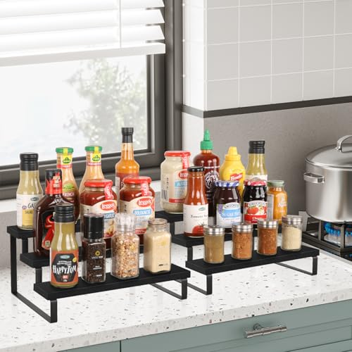 YINMIT Wooden Display Riser Stand, Tiered Perfume and Cologne Organizer Stand, 3 Tier Spice Rack Organizer, Rustic Display Shelf for Candles (3 Tier,2Pack,Black) - color: 3 Tier,2Pack,Black