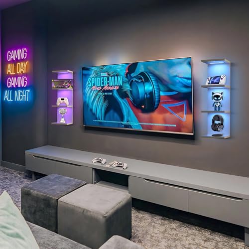 4 Tier RGB Wall Shelf-Gaming Shelf with Remote Control, Lack Shelves with Light for Bedroom | Easy to Install Cosmetic & Display Modern Shelf, White - color: 4r-white